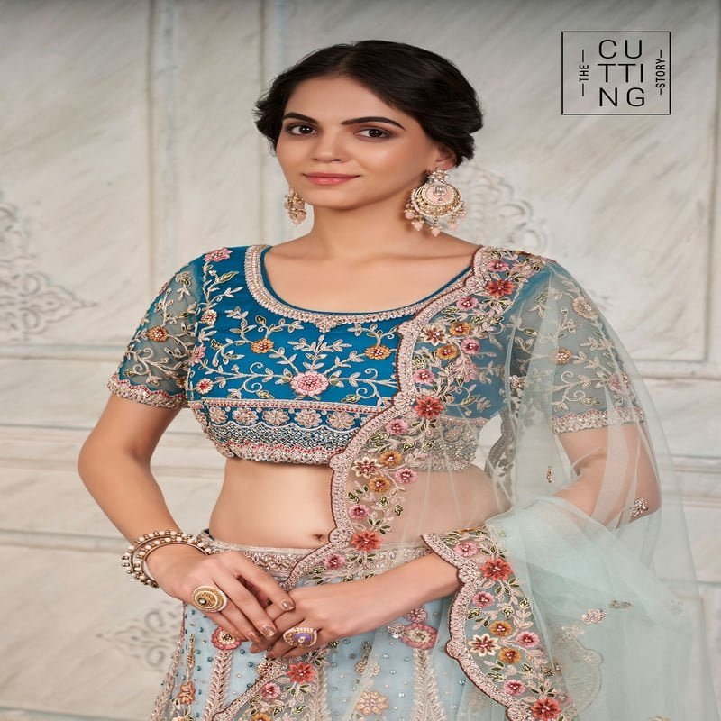 Exquisite Embroidered Partywear Lehenga choli Code 2001 - Blue Close Up