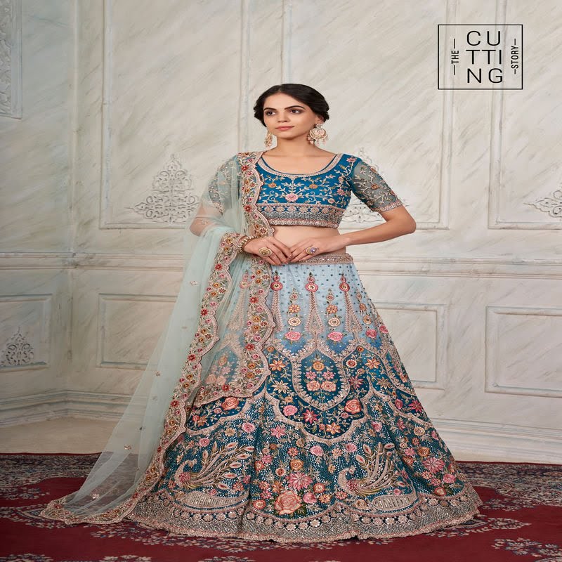 Exquisite Embroidered Partywear Lehenga choli Code 2001 - Blue Front Full