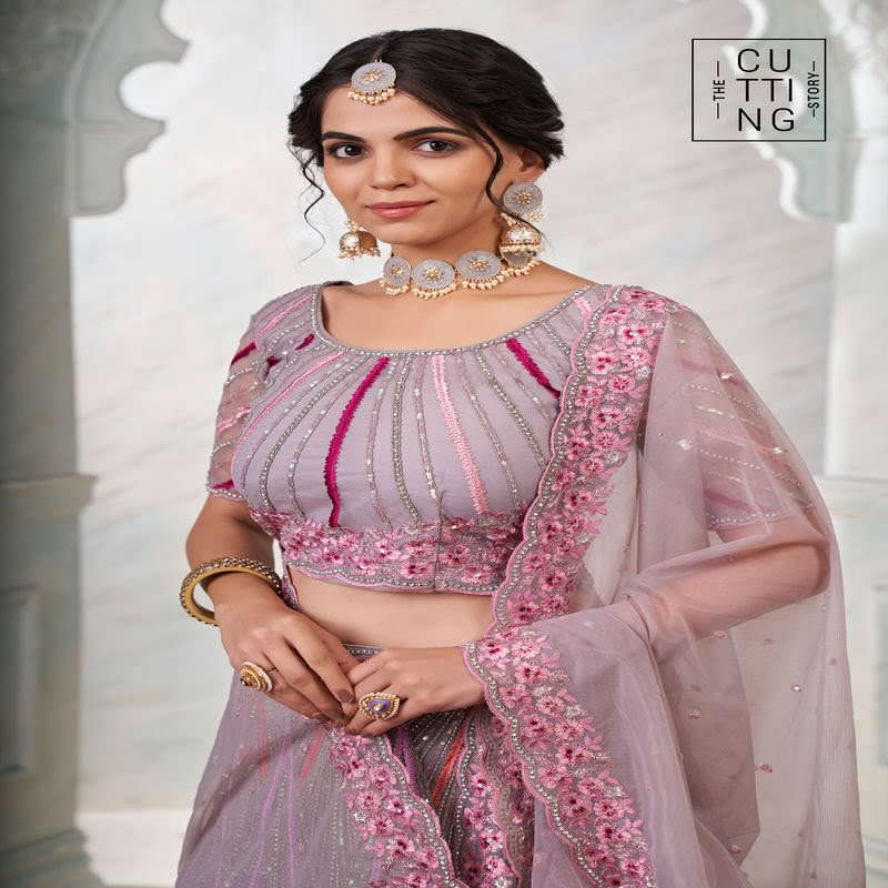 Exquisite Embroidered Partywear Lehenga choli Code 2001 - Pink Front Close Up